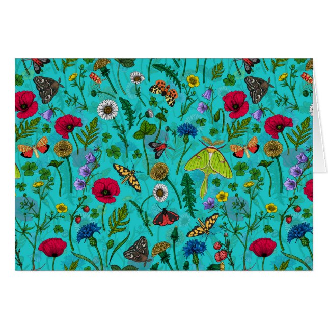 Fleurs sauvages et papillons de nuit sur turquoise (Devant horizontal)