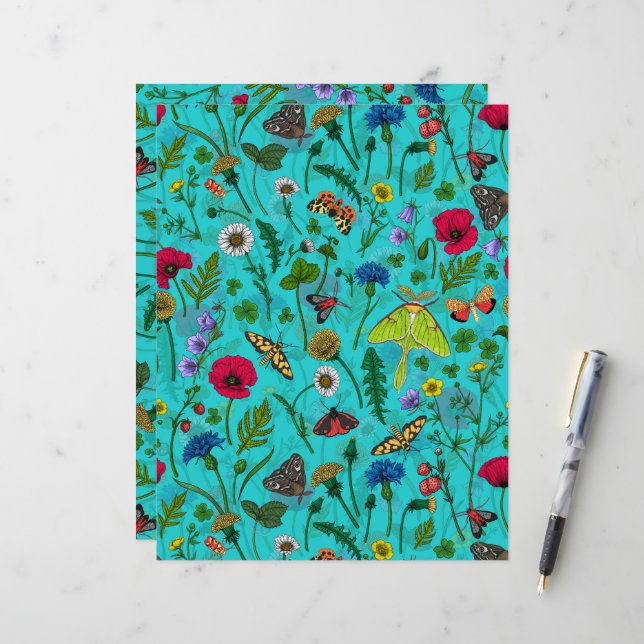 Fleurs sauvages et papillons de nuit sur turquoise (Devant/Arrière en situation)