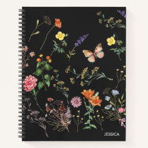 Fleurs sauvages Pressé Floral Black Name Carnet