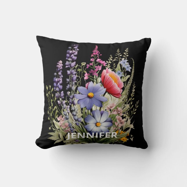 Fleurs sauvages sur Coussin noir pour ami (Recto)