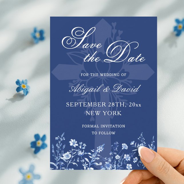 Fleurs sauvages sur un faire-part de mariage bleu  (Créateur téléchargé)