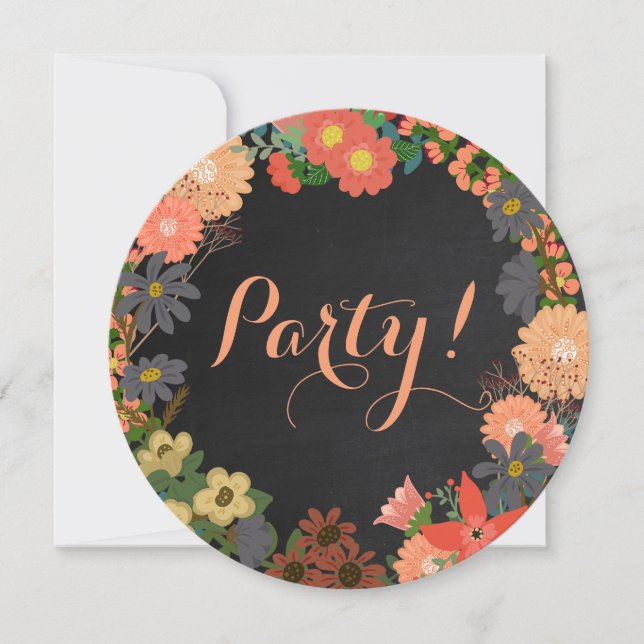 Fleurs sur Black Chalkboard Round Party Invitation (Devant)