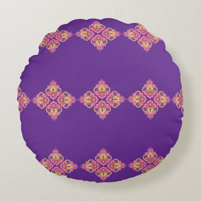 Fleurs sur Coussin Rond Violet (Devant)
