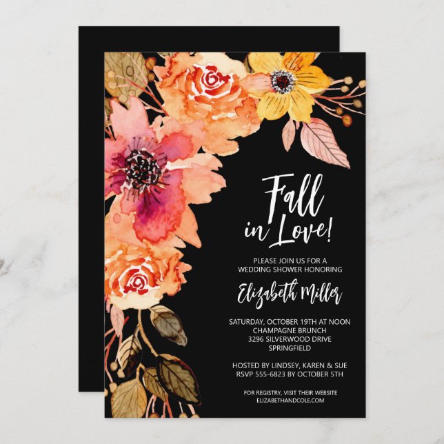 Fleurs sur Invitations de douche nuptiale noire (Devant / Derrière)