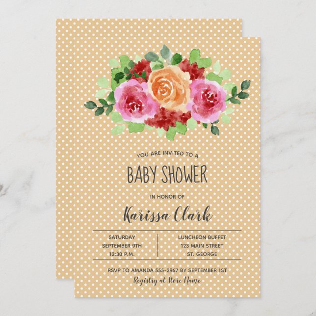 Fleurs sur Peach Unisex Invitations Baby showers (Devant / Derrière)