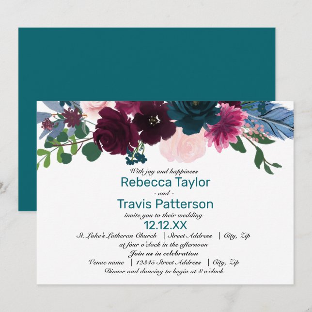 Fleurs Teintes Sarcelle - Invitation Mariage/Récep (Devant / Derrière)