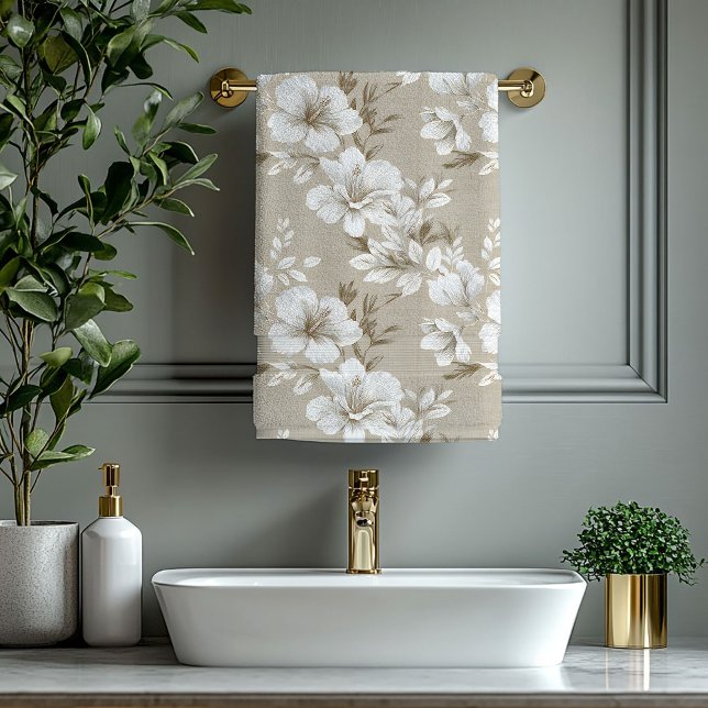 Fleurs tropicales blanches décor élégant beige tau (White tropical flowers taupe beige stylish decor bath towel

)