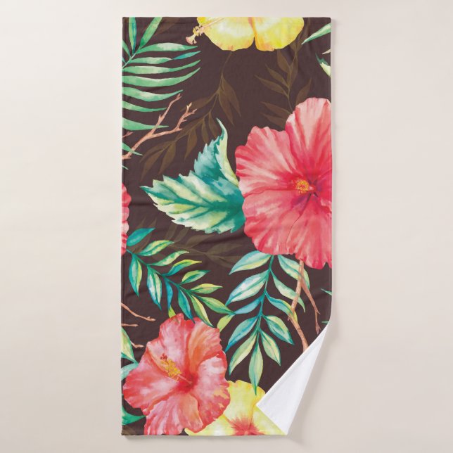 Fleurs tropicales colorées Arrière - plan foncé (Serviette de bain)