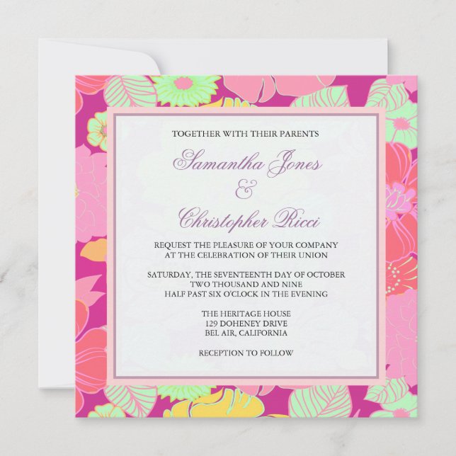 Fleurs tropicales + Monogramme, Invitations (Devant)