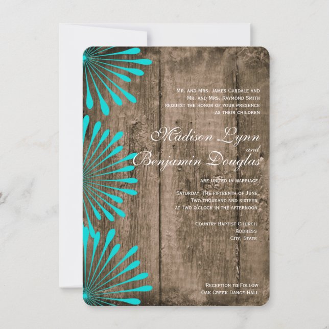 Fleurs Turquoises en bois rustique Invitations de  (Devant)