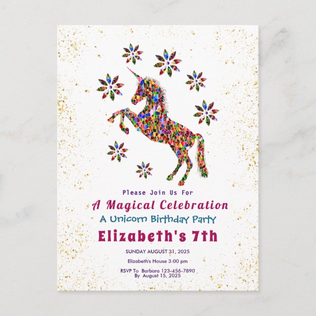 Fleurs Unicorne Magique Invitation Anniversaire (Devant)