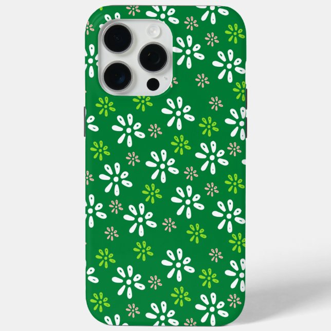 Fleurs vert foncé Motif iPhone 15 Pro Max Coque (Verso)