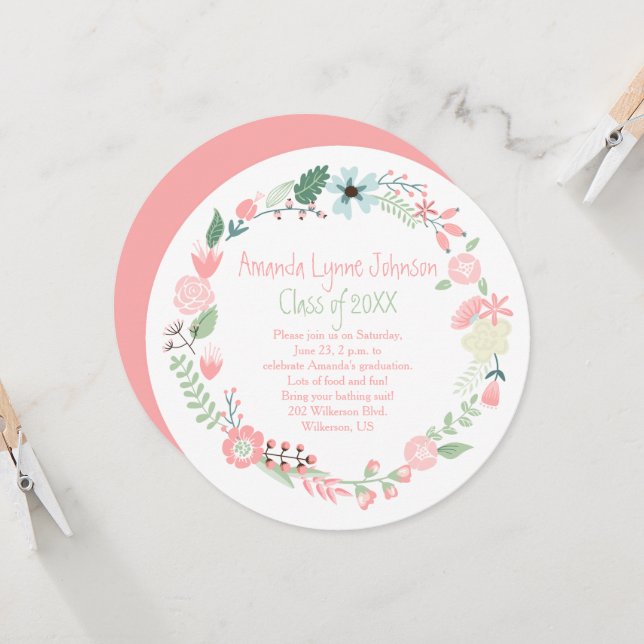 Fleurs vert rose mignonne Invitation de diplôme de (Devant/Arrière en situation)