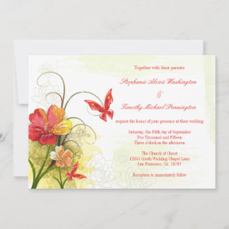 Fleurs vert rouge + faire-part de mariage papillon
