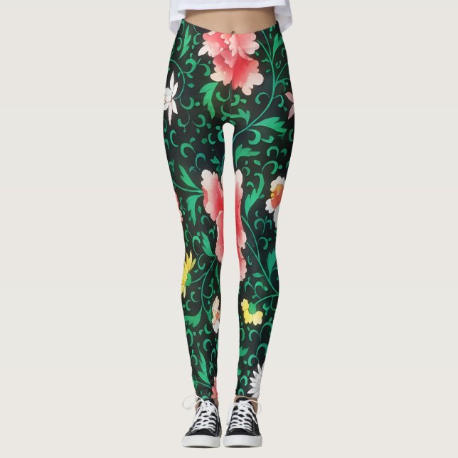 Fleurs vertes Leggings Art Style Vintage (Devant)