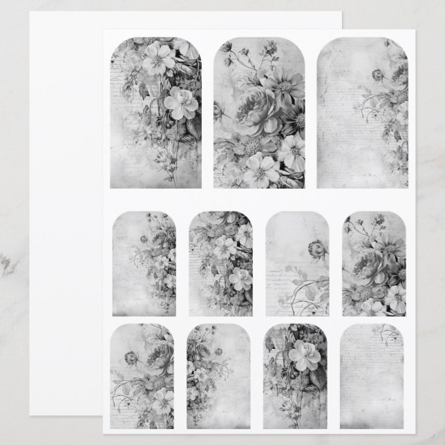 Fleurs Vintage Collage 1b 4 de 4 Noir et Blanc (Devant / Derrière)