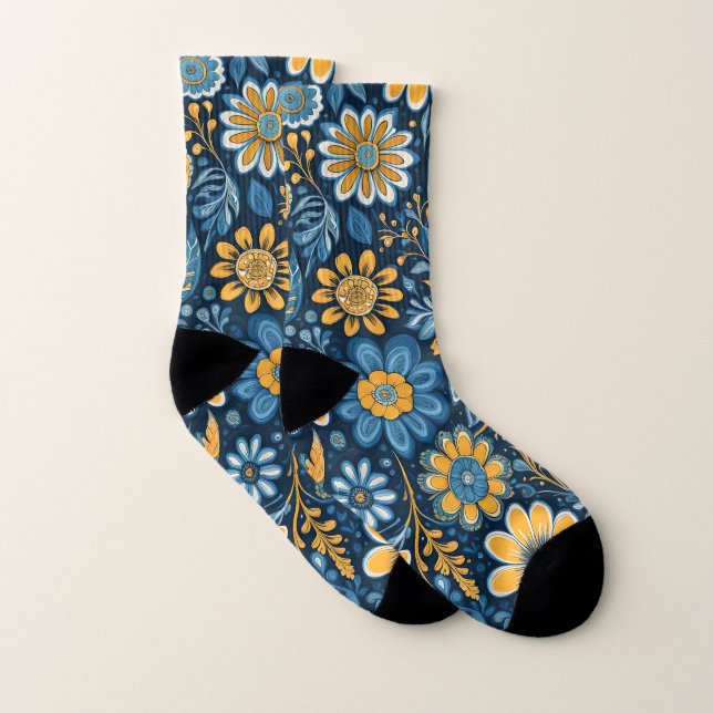 Fleurs vintages Design Hippie Retro Bleu Jaune (Paire)