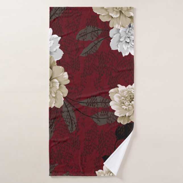 Fleurs vintages grises et crème avec bouquets feui (Serviette de bain)