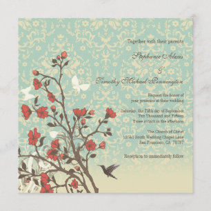 Fleurs vintages, oiseau + invitation de mariage