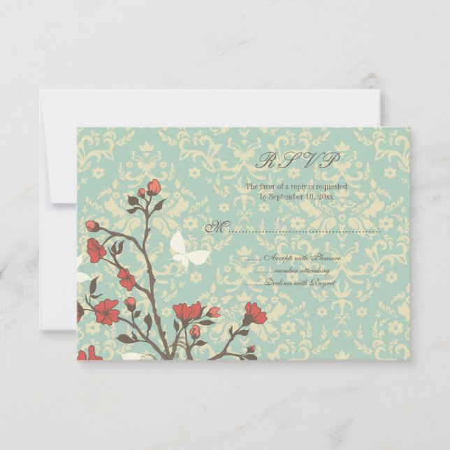 Fleurs vintages + réponse rsvp mariage damassé ble (Devant)