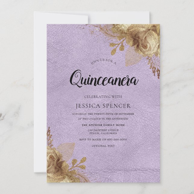 Fleurs violet et or Quinceanera Invitation de la p (Devant)