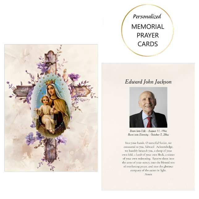 Fleurs violettes Carte de prière funéraire Vierge  (Créateur téléchargé)