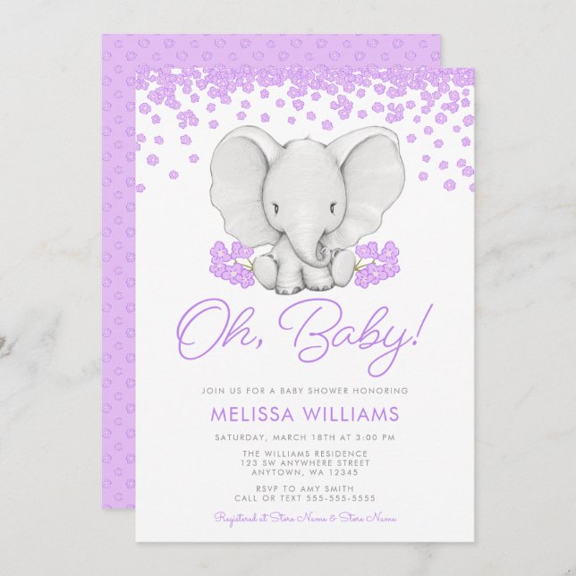 Fleurs violettes Eléphant Fille Invitations Baby s (Devant / Derrière)