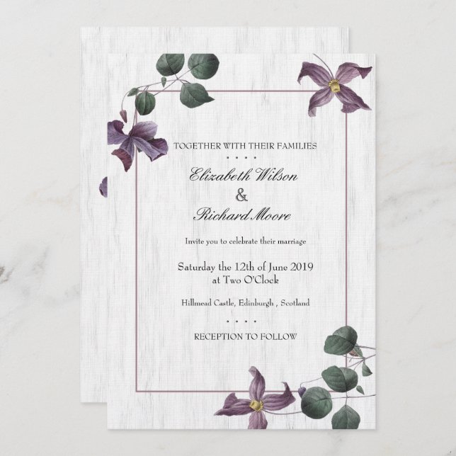 Fleurs violettes en bois blanc Invitation Mariage (Devant / Derrière)