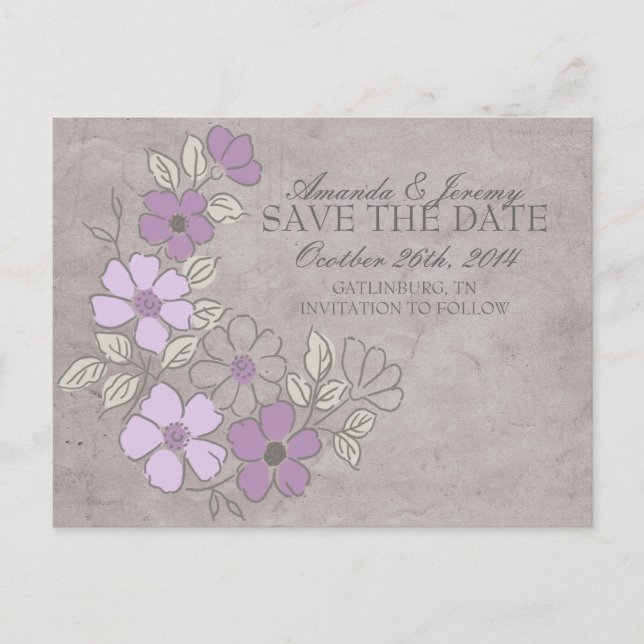 Fleurs violettes et grises vintage, carte de sauve (Devant)