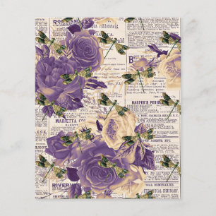 Fleurs violettes et libellules sur papier journal