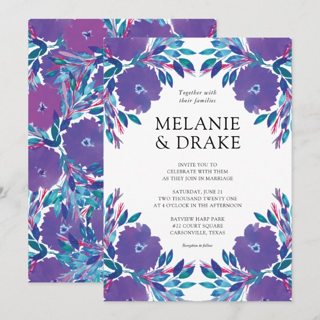 Fleurs violettes Faire-part de mariage peinte à la (Devant / Derrière)