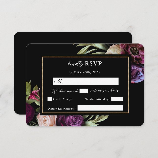 Fleurs violettes foncées Moody Moderne Noir Cartes (Devant / Derrière)