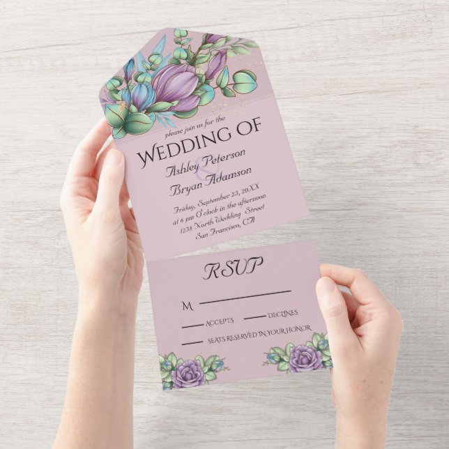 Fleurs Violettes  Invitation de Mariage Tout En Un (Déchirure)