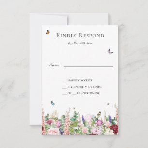 Fleurs violettes roses avec Papillons Carte RSVP