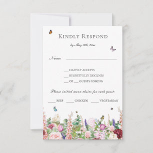 Fleurs violettes roses avec papillons Menu RSVP