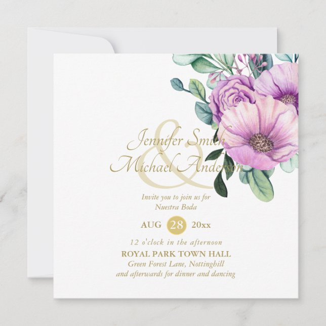 Fleurs violettes rustiques Nuestra Boda Invitacion (Devant)