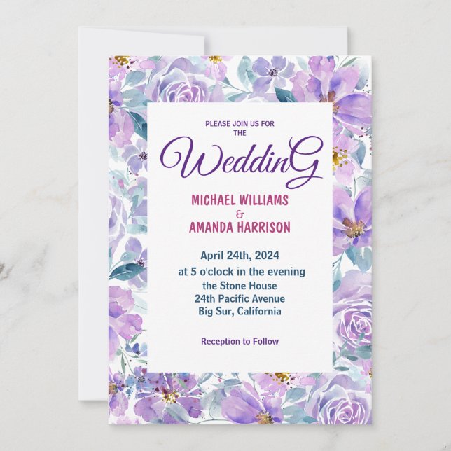 Fleurs violettes simples Invitations de mariage (Devant)