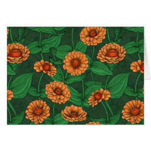 Fleurs Zinnia orange, feuilles verts sur vert fonc