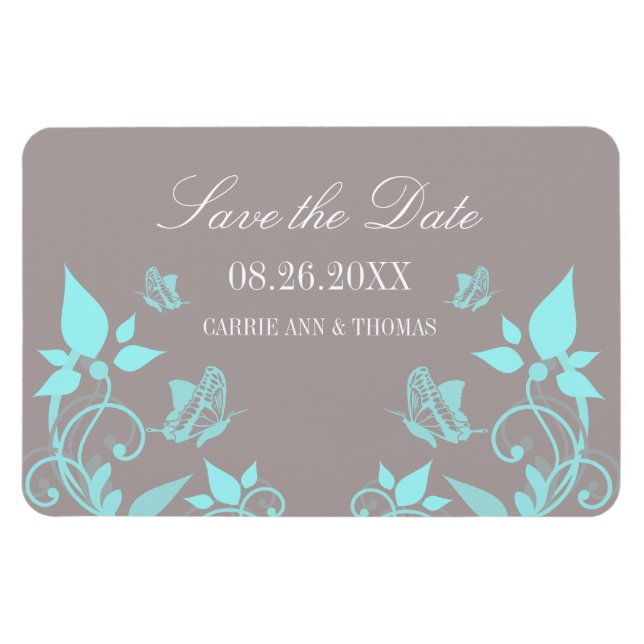 Flexible Aqua Butterfly Floral Save the Date Magnet (Horizontal)