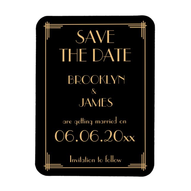 Flexible Art Déco Noir Mariage Enregistrer La Date Magnet (Vertical)