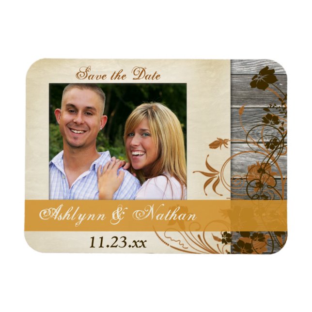 Flexible Autumn Flowers, FAUX Wood Save the Date Magnet (Horizontal)