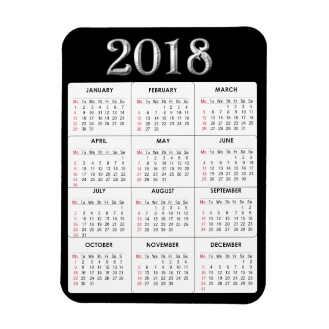 Flexible Black Grey 2018 Calendrier Refrigerator Magnet (Vertical)