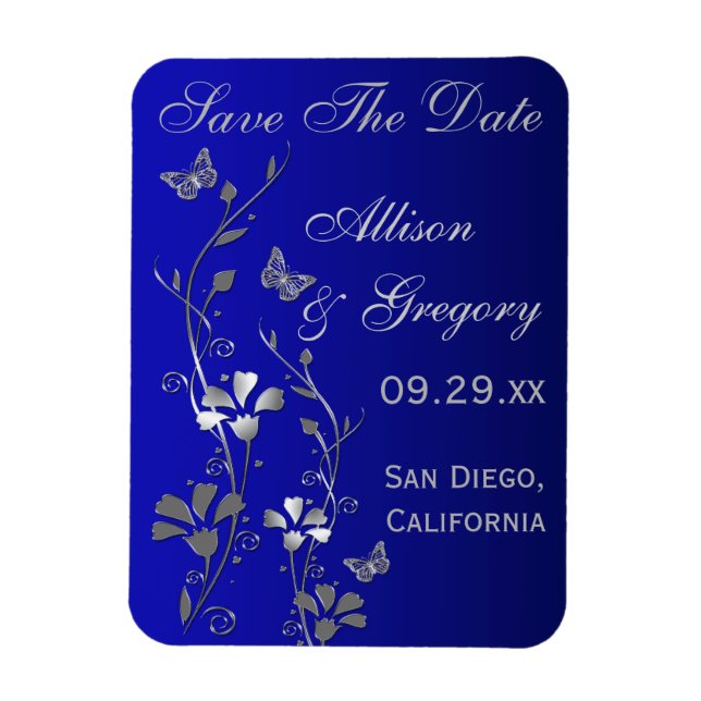Flexible Bleu, Papillon Argent Floral Save Date Magnet (Vertical)