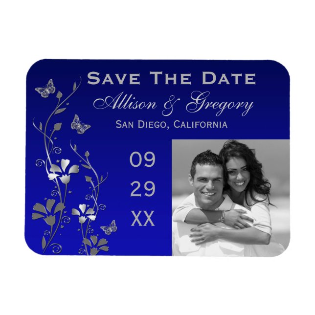 Flexible Bleu, Papillon Argent Floral Save Date Magnet (Horizontal)