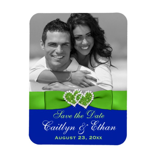 Flexible Blue, Green Hearts Save the Date Photo Magnet (Vertical)