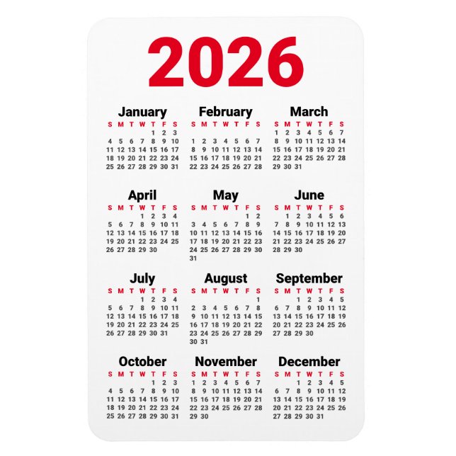 Flexible Calendrier 2026 Magnet | Rouge Noir Gris Blanc (Vertical)
