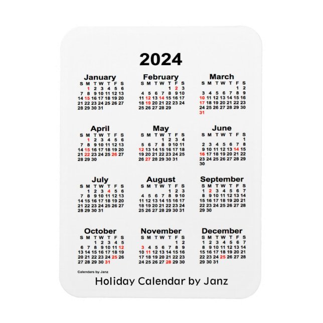 Flexible Calendrier des Fêtes Blanches 2024 par Janz Magnet (Vertical)