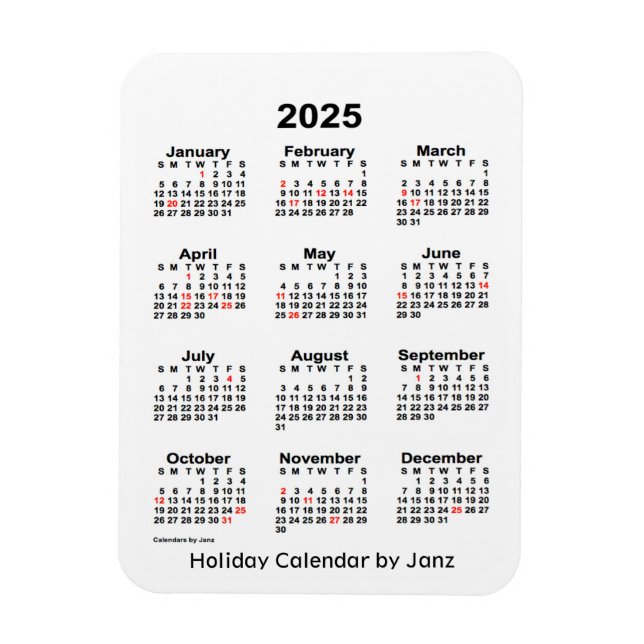 Flexible Calendrier des Fêtes Blanches 2025 par Janz Magnet (Vertical)