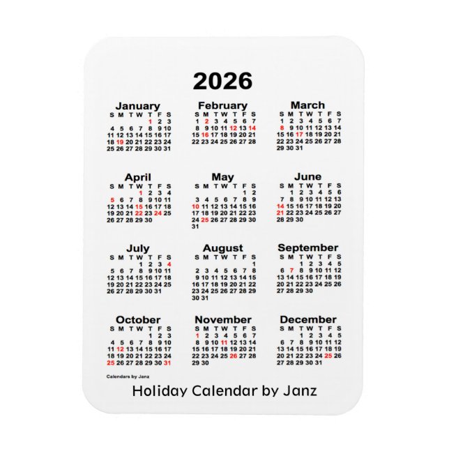 Flexible Calendrier des Fêtes Blanches 2026 par Janz Magnet (Vertical)