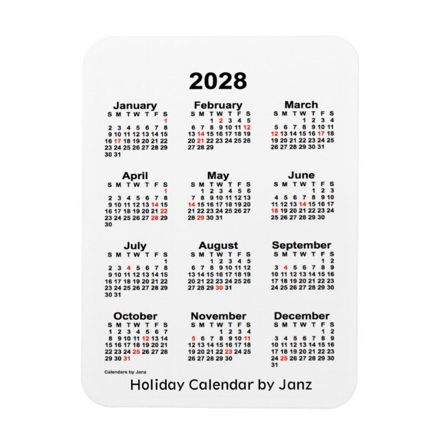 Flexible Calendrier des Fêtes Blanches 2028 par Janz Magnet (Vertical)